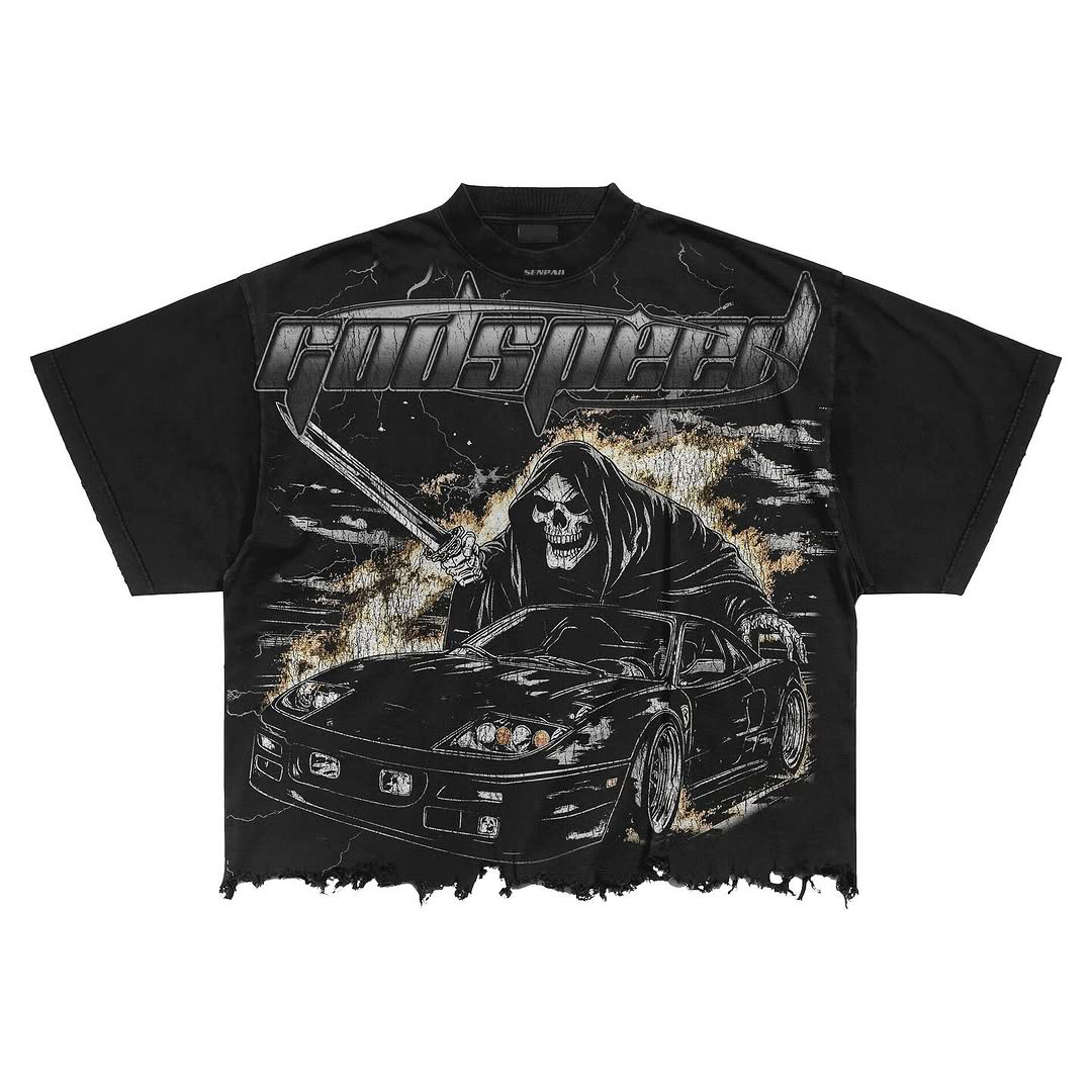 Black t-shirt with a graphic design of a car and a skeleton holding a sword, on a white background.